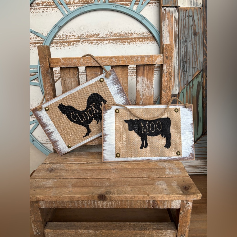 Farmhouse Wall Decor Wooden Hanging Plaque Cow Moo Chicken Cluck NEW!